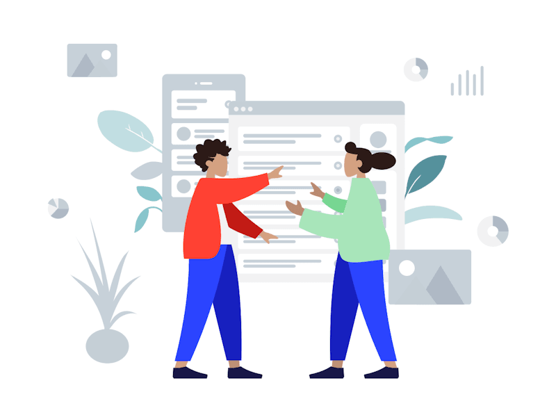 A stylized illustration of two people having an animated discussion in front of large digital interfaces. One figure is wearing a red sweater and the other a green one; both are wearing blue pants. Graphic elements such as smartphone screens, browser windows, pie charts and bar charts appear in the background, suggesting a context of collaboration or discussion on a digital project or analytical data. Decorative natural elements such as leaves and plants are also present, giving visual balance to the scene.