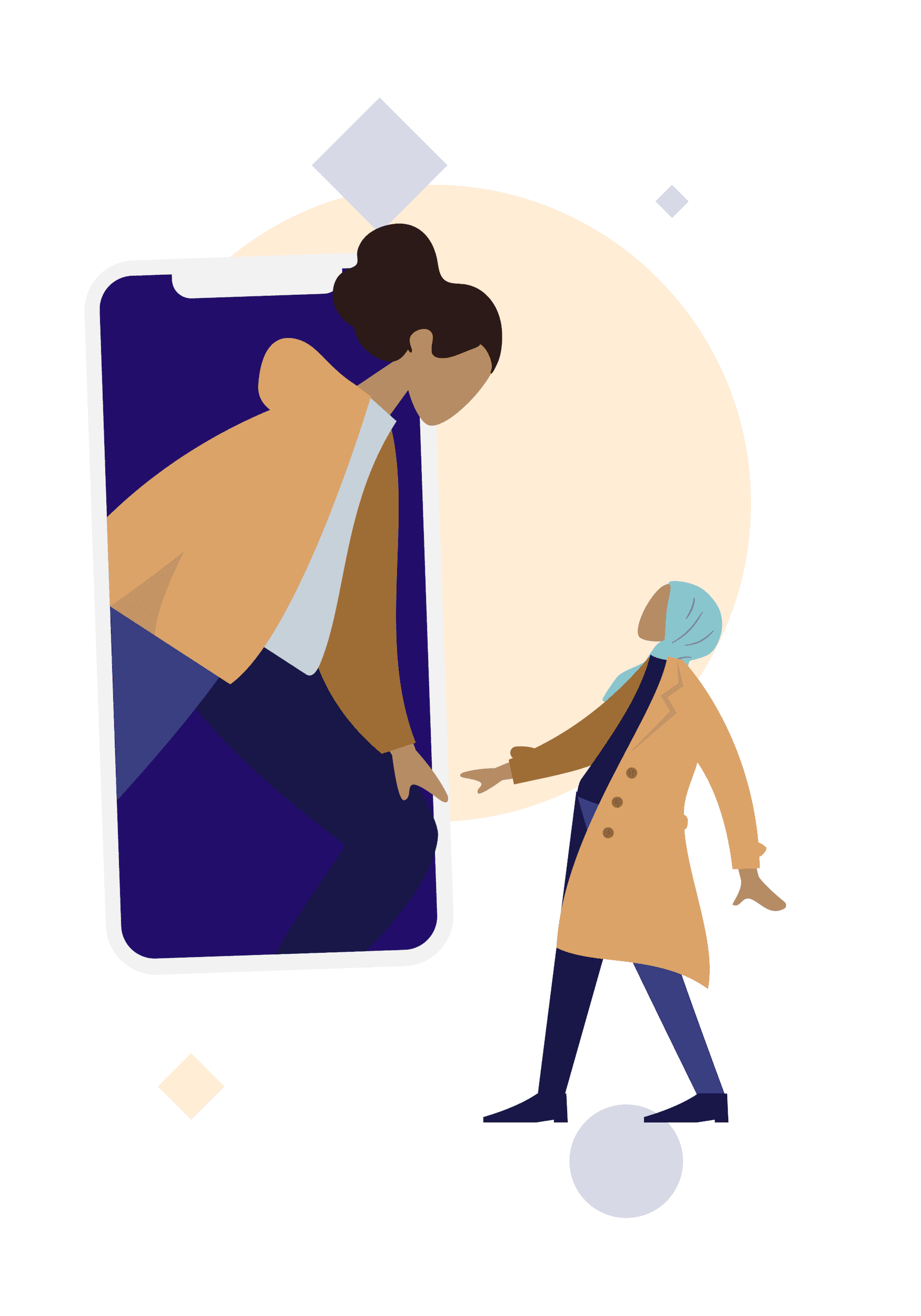 Illustrazione stilizzata di una donna che emerge dallo schermo di uno smartphone per incontrare un'altra donna in piedi davanti al telefono. Entrambe indossano un cappotto beige e pantaloni blu; una delle due porta un hijab azzurro. Lo sfondo è composto da forme geometriche astratte e colori tenui. L'immagine rappresenta il concetto di connessione tra il mondo digitale e quello reale.