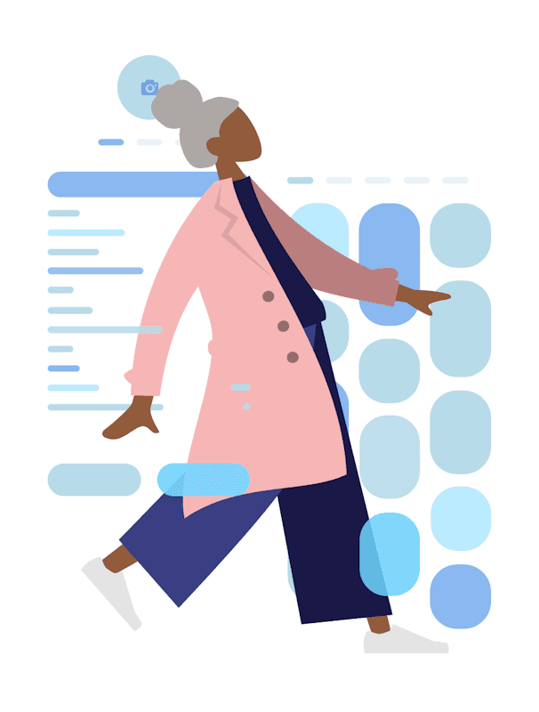 A stylized woman with gray hair and a long pink coat walks through an abstract digital interface with icons, bars and blue geometric shapes.