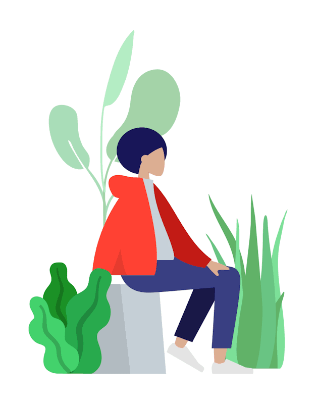 Illustrazione stilizzata di una persona con capelli corti scuri che indossa una giacca rossa vivace e pantaloni blu scuro, seduta di profilo su un blocco grigio chiaro, circondata da grandi foglie verdi e piante.