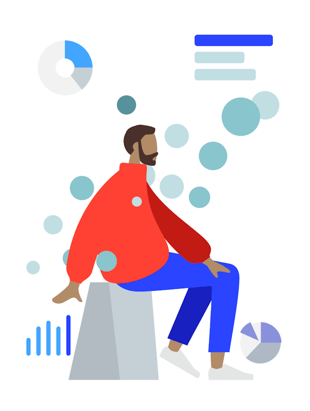 Un uomo stilizzato con una barba, indossa una maglia rossa e pantaloni blu, seduto su una forma geometrica grigia, circondato da grafici a torta, barre e cerchi fluttuanti.